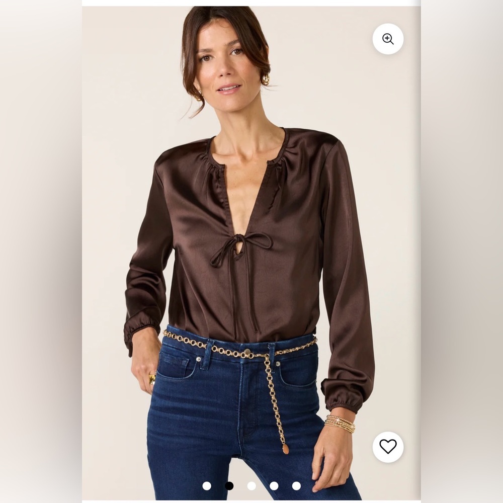 cloth & stone Satin Tie-Neck Blouse in Chocolate Brown